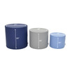 Children's Factory Soft Ottoman Trio - Tranquility Navy, set of three soft, round ottomans in navy blue, gray, and light blue, with dimensions 21" x 20", 18" x 16", and 15" x 12" for versatile seating and decor.