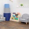 Children's Factory Soft Ottoman Trio - Tranquility Navy, soft navy blue, grey, and light blue ottomans in a children's reading corner.