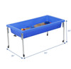 Children's Factory Children's Activity Table and Lid Set - 24 inches high, blue plastic sandbox table filled with sand, colorful toys, and a lid, with dimensions of 50 inches in length and 26 inches in width, designed for children's play and activities.