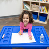 Children's Factory Neptune Sensory Table and Lid Set - 18 inches high, blue and sturdy, with a child drawing on paper and a water bottle on top.