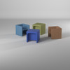 Children's Factory Cube Chairs, Woodland - 4 Colors, colorful wooden cube chairs in blue, green, brown, and navy blue arranged on a neutral background.