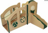 Strictly For Kids Infant Toddler Dream Playground Structure, Natural, a wooden play structure with steering wheels, windows, and a slide designed for young children.