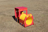 Infinity Playgrounds Infinity Express Caboose Outdoor Climber, vibrant red and yellow train-themed play structure for kids with a cheerful face design, suitable for outdoor play areas.