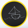 SPARK & WOW Caterpillar Outdoor Chalkboard, round black chalkboard with a yellow border featuring a chalk drawing of a sailboat on water.