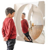 SPARK & WOW Acrylic Bubble Mirror -1 Giant Bubble, a large round acrylic bubble mirror reflecting a young boy smiling and looking at his reflection.