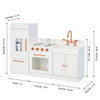 Teamson Kids Little Chef Paris Complete Kitchen Playset, white and orange toy kitchen with stove, oven, sink, refrigerator, and storage cabinets with measurements.