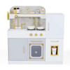 Teamson Kids Versailles Play Kitchen with Refrigerator and Cookware Accessories, white and gold preschool toy kitchen with faucet, stove, oven, and storage cabinets.