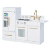Teamson Kids Little Chef Charlotte Modern White Play Kitchen, child-sized pretend play kitchen with silver and gold accents, featuring a fridge, oven, stove, sink, and play appliances for kids