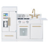 Teamson Kids Little Chef Charlotte Modern White Play Kitchen, children's play kitchen with refrigerator, stove, oven, and sink with gold fixtures.