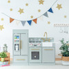 Teamson Kids Little Chef Charlotte Modern Gray Play Kitchen, a children's play kitchen set with gray and gold accents featuring a refrigerator, stove, oven, sink, and faucet, ideal for kids' imaginative cooking play.