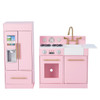 Teamson Kids Little Chef Charlotte Modern Pink Play Kitchen, a child-sized pink play kitchen set with a built-in stove, oven, refrigerator, sink, and gold accents.