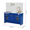 Teamson Kids Little Chef Berlin Blue Play Kitchen with Cookware, child-sized play kitchen in blue and white with gold accents, featuring a stove, oven, sink, microwave, and storage cabinets.