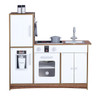 Teamson Kids Little Chef Palm Springs Play Kitchen with Cookware, a miniature wooden play kitchen with a stove, oven, sink, refrigerator, and play cookware.