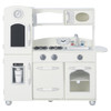 Teamson Kids Little Chef Westchester Ivory Retro Play Kitchen, a miniature kitchen set with white cabinetry, a black chalkboard, a simulated water dispenser, a stovetop with two burners, a microwave, a sink with faucet, and oven doors, designed for children.