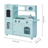 Teamson Kids Little Chef Westchester Mint Retro Play Kitchen, light mint-colored children's play kitchen with stove, microwave, oven, refrigerator, sink, clock, and various interactive features.