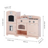 Teamson Kids Little Chef Fairfield Retro Pink Play Kitchen, pink wooden children's toy kitchen with stove, sink, clock, refrigerator, and oven, suitable for imaginative play.