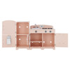 Teamson Kids Little Chef Fairfield Retro Pink Play Kitchen, wooden play kitchen with doors and shelves, featuring a stove, sink, and oven, designed for children to encourage imaginative cooking play.