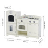 Teamson Kids Little Chef Fairfield Ivory Retro Play Kitchen, detailed image of a child's play kitchen with stove, sink, oven, and refrigerator in white with gray handles, with measurements included.