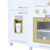 Teamson Kids Little Chef Mayfair Classic White Kids Kitchen Playset, white kitchen set with gold accents, featuring stove knobs, oven, and a beverage dispenser.