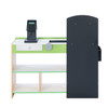Teamson Kids Cashier Austin Play Market Checkout Counter with Lights & Sounds, toy cash register and checkout counter with green and white design, black cash register, and black partition with shelves.