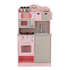 Teamson Kids Little Chef Florence Pink Play Kitchen with Accessories, a pink and cream wooden play kitchen featuring stovetop, microwave, oven, sink, and various kitchen accessories.