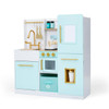 Teamson Kids Biscay Delight Classic Mint Play Kitchen with Magnetic Refrigerator, a children's toy play kitchen set with a pastel mint and white color scheme, featuring a sink, stove, oven, microwave, and refrigerator with gold accents.