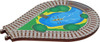 Maple Landmark Double Return Loop Wooden Train Track Section, colorful illustrated train track with pond, trees, and dock design.