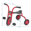 Angeles CLASSICRIDER 10" Pedal Pusher Toddler Trike, red children's bicycle with black seat and pedals, featuring 21-inch height, 20-inch length, and 13.5-inch wheel diameter with measurements displayed.