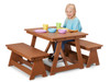 Jonti-Craft EverPlay Small Outdoor Table And Bench Set, children's outdoor furniture with a wooden table and two matching benches with colorful tableware.