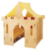Jonti-Craft KYDZ King Castle Playhouse, wooden playhouse designed for children with castle-style walls, arched doorway, and a yellow canopy roof for imaginative outdoor play.
