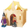 Jonti-Craft KYDZ King Castle Playhouse, wooden children's playhouse resembling a castle with yellow fabric canopy and children playing in costume.