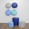 Children's Factory Mini Round Pouf with Handle - Gray and Navy, set of colorful padded children's ottomans and wall-mounted round cushions in shades of gray, blue, and green for Kids' Room Decor.