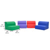 Children's Factory Soft Loungers, Rainbow - Set of 4, colorful foam children's lounge chairs in green, purple, red, and blue with dimensions 20 inches by 20 inches by 15 inches each.