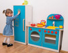Moje Bambino Amelia Play Kitchenette, a colorful children's play kitchen set with blue, yellow, and red accents, featuring a refrigerator, stove, and sink for imaginative play.