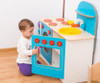 Moje Bambino Amelia Play Kitchenette, a colorful wooden children's play kitchen with stovetop, oven, sink, and shelves for imaginative play.