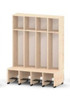 Moje Bambino Universal Cloakroom 4 Cubbies, wooden storage unit with four cubby compartments and hooks for organizing kids' belongings.