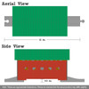Maple Landmark Arlington Covered Wooden Train Bridge, detailed technical drawing showing top aerial view and side view with measurements for a children's wooden train accessory.