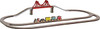 Maple Landmark Skyline Wooden Train Set, colorful train on circular wooden tracks with red bridge and scenic landscape.
