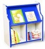 Playscapes Little People's Bookcase, a colorful children's bookshelf with blue and white finish, displaying children's books and featuring a mouse plush toy.