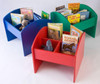Playscapes ABC/123 Kinderbox Book Browser, colorful wooden children's book storage organizer with three sections in red, blue, and green holding children's books and plush toys.
