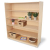 Whitney Brothers Mobile Bookshelf Cabinet 54H, wooden storage unit with multiple shelves and decorative plants and baskets on display.