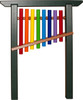 Playmore Designs 8 Note Rainbow Chime Unit, colorful musical instrument with eight rainbow-colored metal tubes and a wooden striker, mounted on a green frame for children to play and create music.