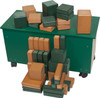 Playmore Designs Eco Building Blocks, colorful wooden building blocks in various shapes and sizes stacked on a green storage box.
