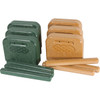 Playmore Designs Eco Percussion Set of 24 Recycled Plastic Instruments, eco-friendly percussion instruments in green and natural wood colors with various shapes and sizes for musical play.