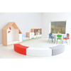Moje Bambino Paolo Long Foam Bench Seats, colorful modular foam seating arranged in a semi-circle in a bright children's playroom with furniture and a window.