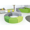 Moje Bambino Paolo Short Curved Foam Bench Seats, colorful circular foam seating with green and gray sections arranged in a modern playroom setting.