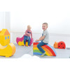 Moje Bambino Play Elements for Play Corner Mats, colorful foam play blocks and animal-shaped toys in a children's play area with two smiling kids.
