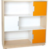 Moje Bambino Quadro Asymmetrical Medium Wall Cabinet, modern wooden wall cabinet with white and orange doors and multiple storage compartments.