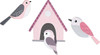 Moje Bambino Birds Wall Decor, pink and gray birdhouse with three cartoon-style pink and gray birds around it.