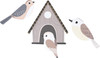 Moje Bambino Birds Wall Decor, decorative wall hanging featuring three illustrated birds and a birdhouse in pastel colors.